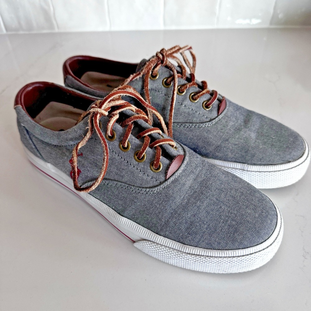 Polo Ralph Lauren Boat Shoes Men 8.5 Vaughn Blue Chambray Sneakers Leather Laces